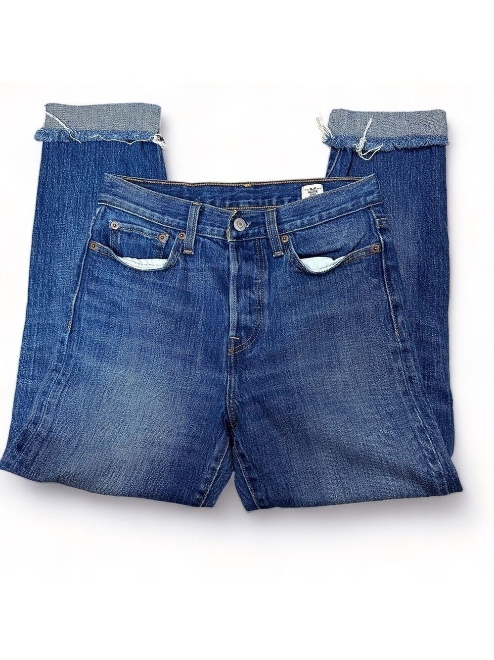 Levi's Blue Denim Midrise Jeans Wedgie Fit White Oak Cone Frayed Women Sz 27
